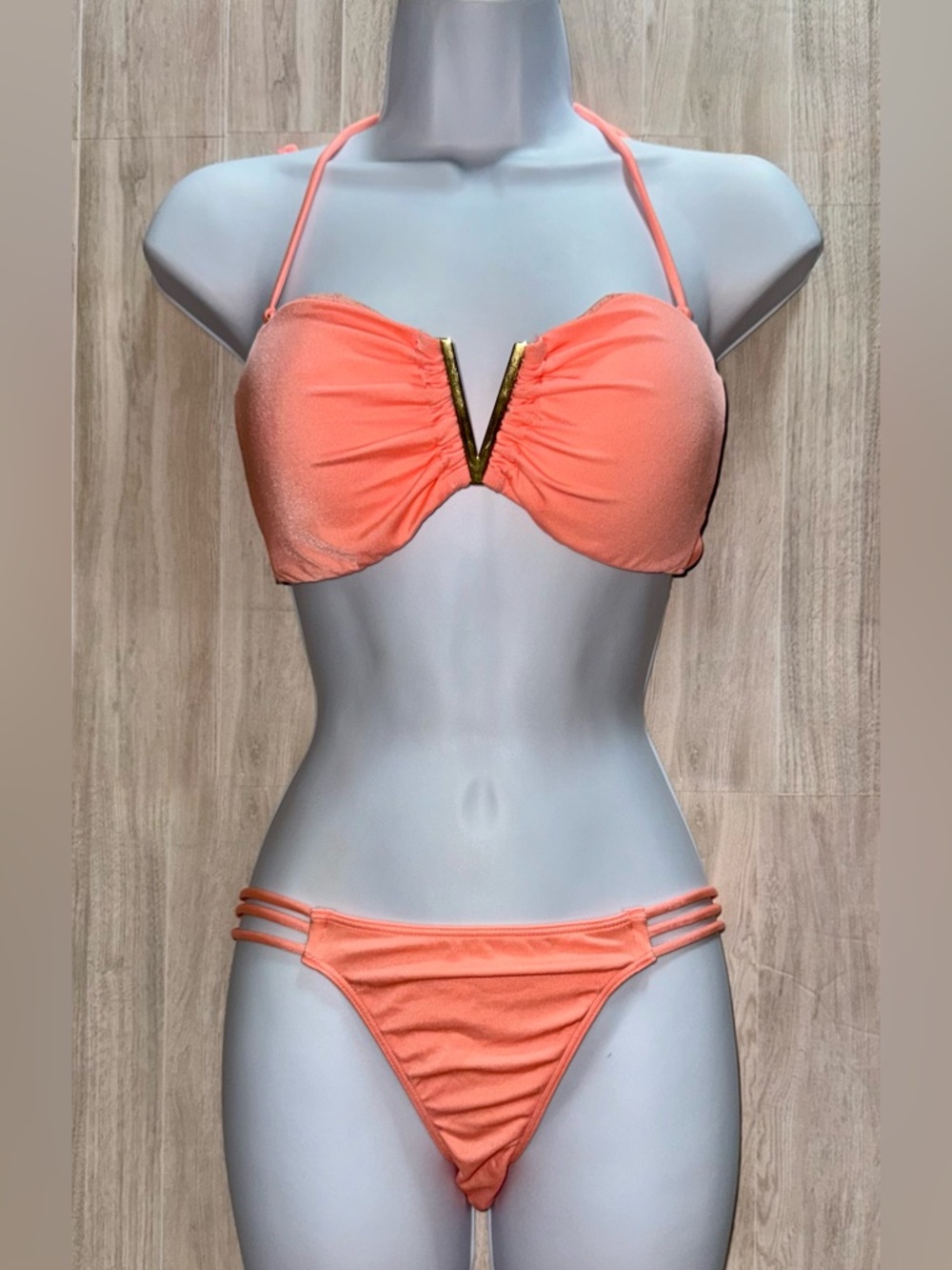 Victoria's Secret Coral Bikini w/ Gold V Accent & Removable Straps - size S/L